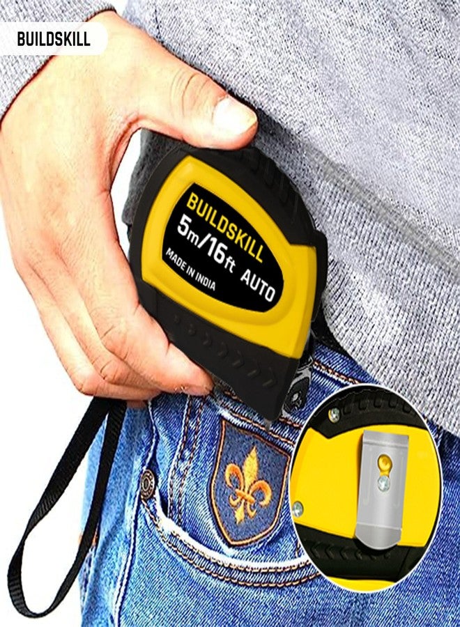 BUILDSKILL شريط قياس BUILDSKILL بطول 5 أمتار مع قفل تلقائي | شفرة فولاذية | مقبض TPR مانع للانزلاق | علامات واضحة | عرض 16 مم | حزام يد | غلاف ABS غير قابل للكسر | سحب بضغطة واحدة | مشبك حزام | شريط قياس بطول 16 قدمًا/بوصة - Image 2